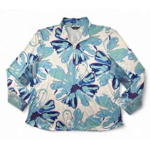 Tango Mango Top 1/4 Zip Mock Neck Mesh Sleeve White Blue Floral 1X - Picture 2 of 12